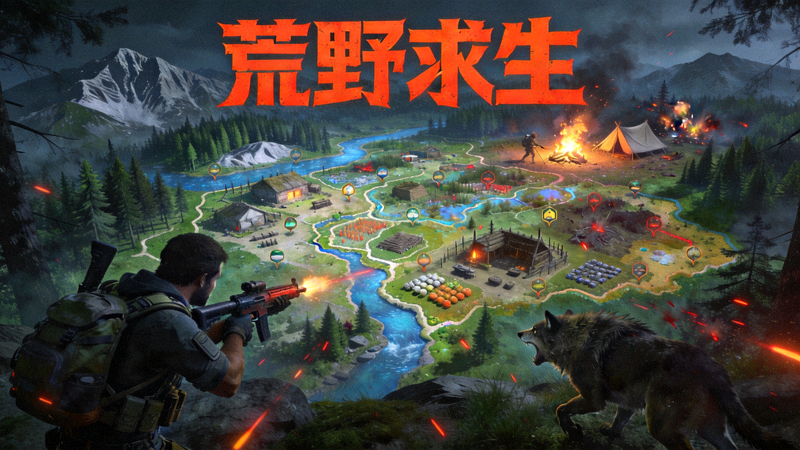 荒野求生游戏中心主视觉图 - 展示游戏内广阔地图和生存战斗场景