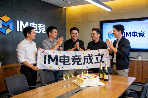 IM电竞创始团队合影 - 五位创始人在办公室内庆祝公司成立