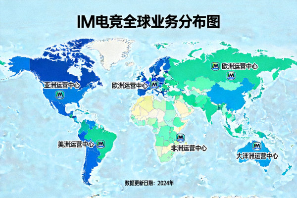 IM电竞全球业务分布图 - 世界地图上标注了各区域运营中心