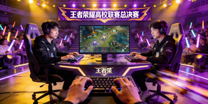王者荣耀高校联赛总决赛现场 - 大学生选手在舞台上激烈对战